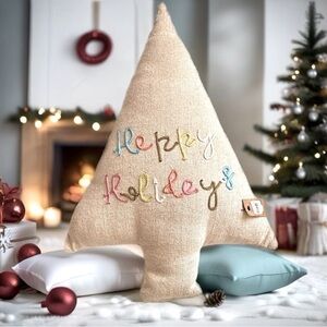 Creative Co-Op 24”x16” Cotton and Jute Tree Shaped Happy Holidays Accent Pillow